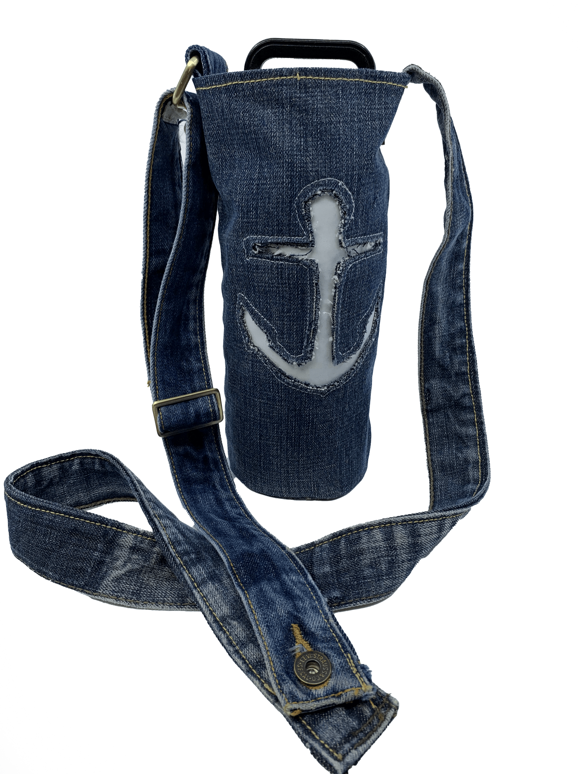 Circular Threads Upcycled Bags and Totes Recycled Denim and Reverse Applique Sailcloth Anchor Water Bottle Tote Bag