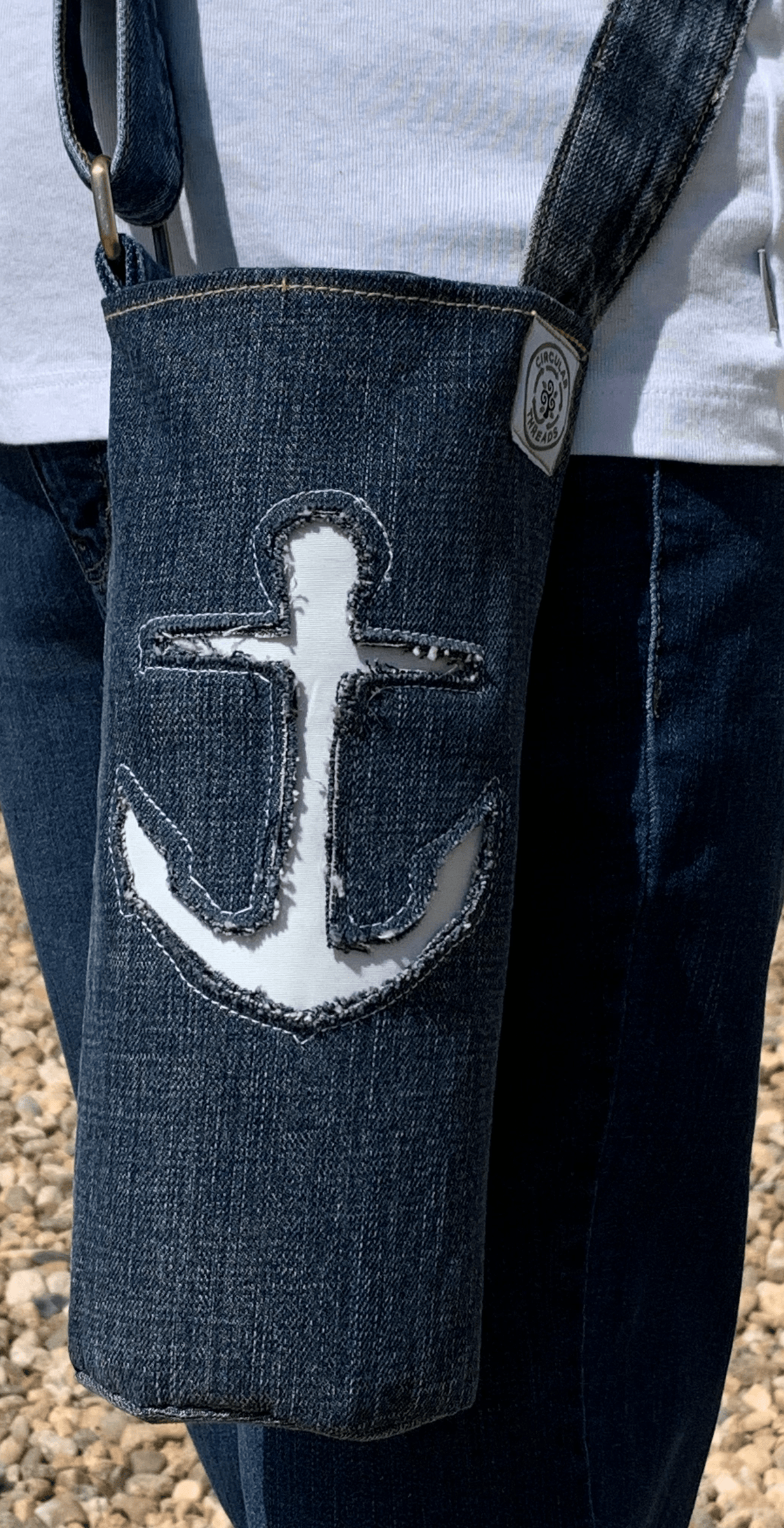 Circular Threads Upcycled Bags and Totes Recycled Denim and Reverse Applique Sailcloth Anchor Water Bottle Tote Bag