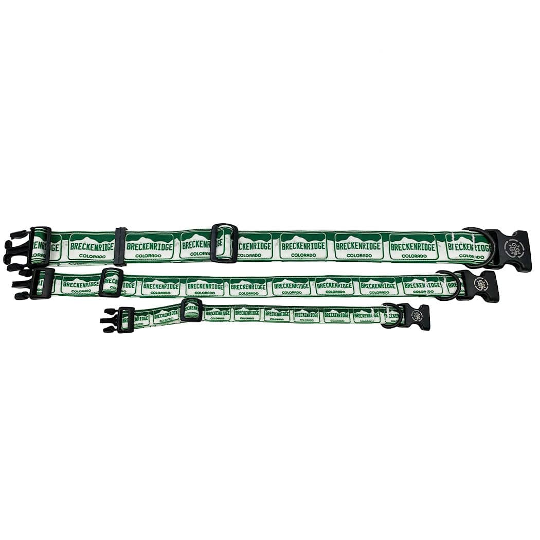 A picture of 3 dog collars featuring Breckenridge as a vanity license plate